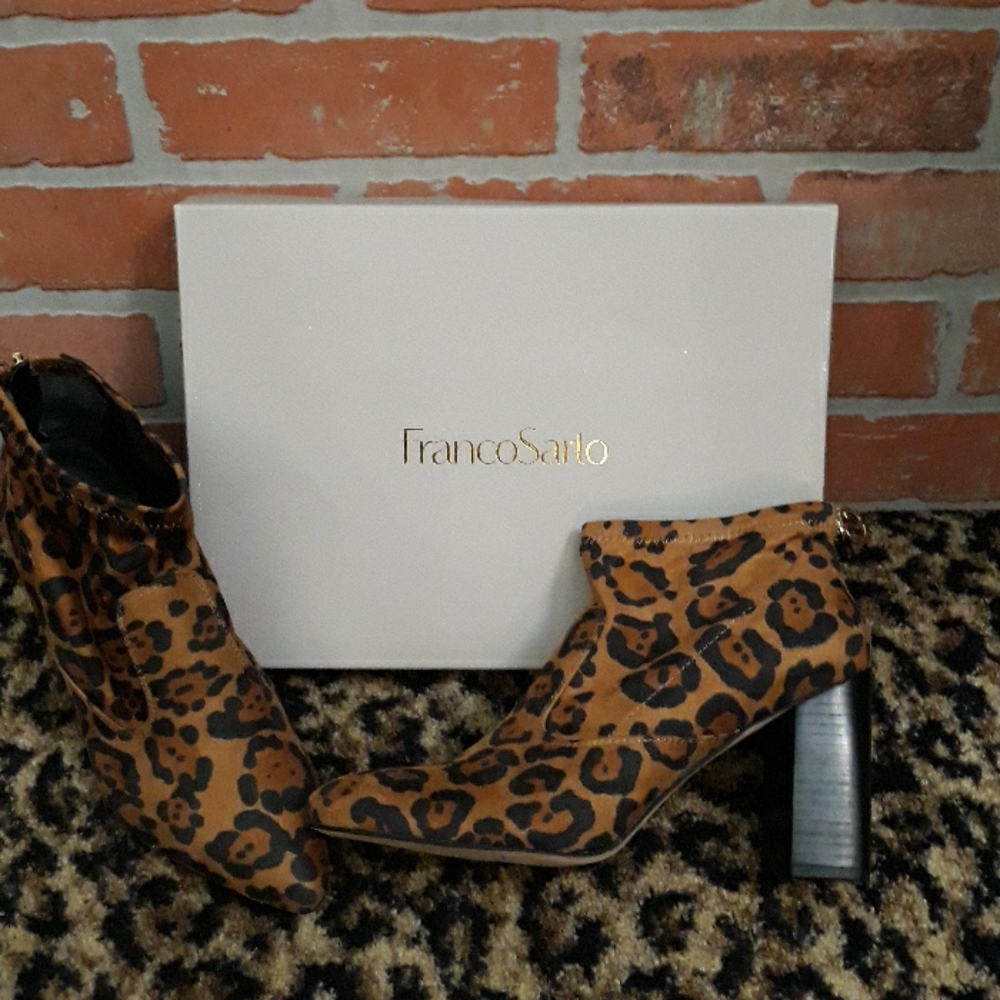 Franco Sarto Kortney Leopard Heel Ankle boots New Women's Shoes Animal Stretch 9 - Picture 6 of 8